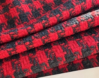 Hoogwaardige Italiaanse tweedstof, desidnerstof, in zwart en rood met pied-de-poule weefpatroon