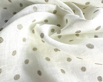 Tela de lino de diseño italiano, estampado actual con lunares estampados de lurex, color blanco, muy buena calidad!