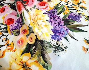 Italian high-quality satin viscose fabric, famous floral designer print, white background, very good quality, last piece 1.5 m