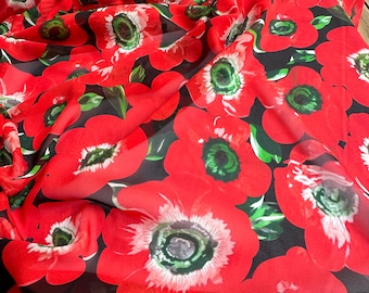 Italian high-quality 100% chiffon silk fabric, designer fabric, high quality, bright floral print with red anemones!