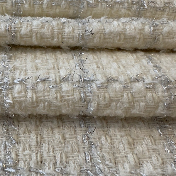 Tissu haut de gamme en tweed italien, mélange de laine douce, tissu tweed lurex de couleur crème !