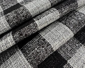 SOMETHING SPECIAL: Italian designer premium tweed lamé cotton blend, checked pattern, black-white-silver, best quality.