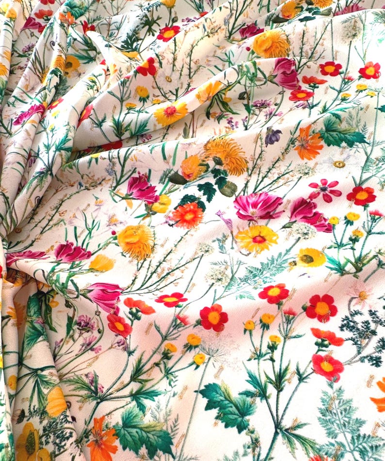 EXCLUSIVE viscose fabric Lamé by Alta Moda, top quality, beautiful delicate summer floral print, ivory background. image 1