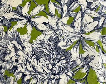 Tessuto italiano satin di cotone, altissima qualità, stampa floreale georgines, fondo verde oliva brillante