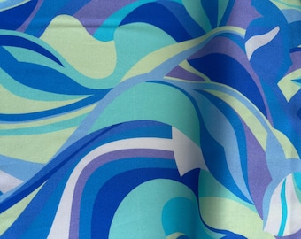 Italian satin viscose fabric, current designer print, Pu*c*i style, blue-white-turquoise colors, lightweight, top quality.