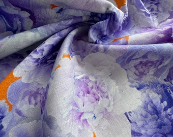 Italian designer linen fabric, high quality, floral designer print, white background, summer dress fabric