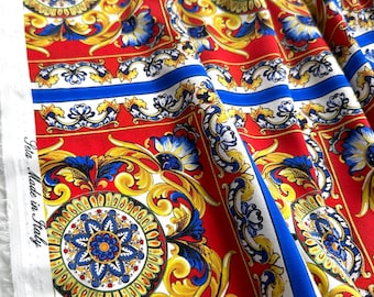 High-quality Italian 100% silk satin fabric, stretch, top quality, designer fabric, exclusive majolica print, bright colors.