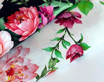 Italian luxury 100% silk satin fabric, stretch, designer fabric, top quality, floral print, background: black, light beige