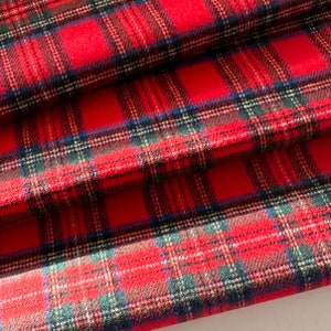Wool blend flannel, made in Italy, original tartan wool fabric, in juicy red with green-white-blue check