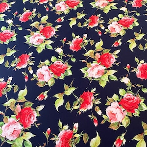 Italian fine cotton fabric with elastane, designer print, roses on a black background! High quality
