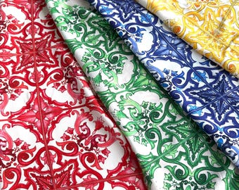 Italian viscose blend with linen, designer Majolika Siziliana print in 4 colors: red, green, blue and egg yolk, very good quality!
