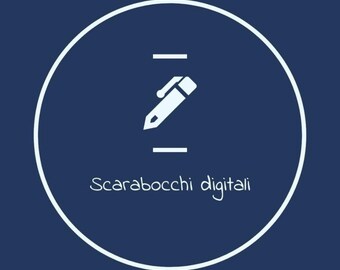 May include: A white circle with a blue outline on a dark blue background. Inside the circle is a white pen icon with a line above and below it. The text "Scarabocchi digitali" is written in white below the icon.