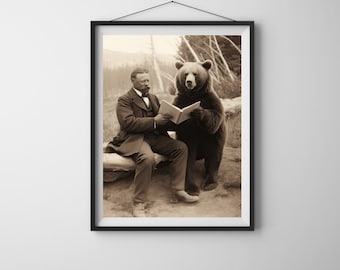 Teddy Roosevelt Reading to Bear Print: Humorous Classroom Art (Digital Download)