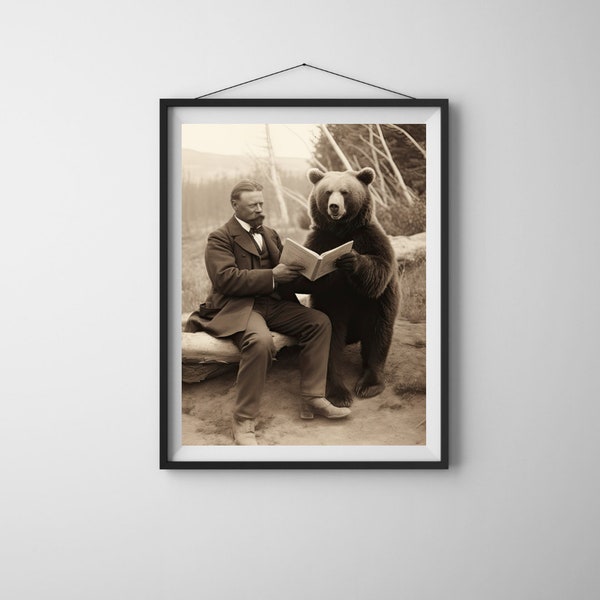 Teddy Roosevelt Reading to a Bear: Unique Digital Print for  Classrooms, Dorms, Man Caves, Lodges, and Bedrooms