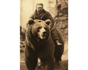 May include: A vintage black and white photograph of a man riding a large brown bear through a forest.