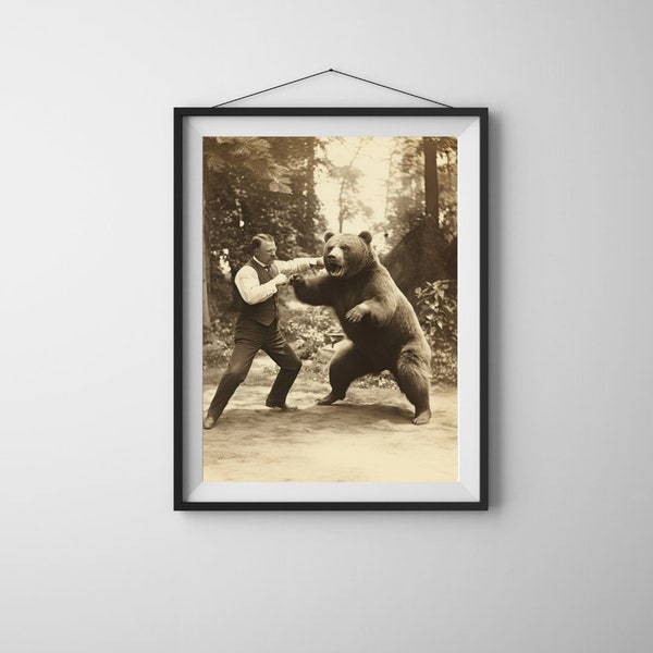 Teddy Roosevelt Boxing a Bear: Unique Digital Print for  Classrooms, Dorms, Man Caves, Lodges, and Bedrooms. 24X36,16X20,12X16