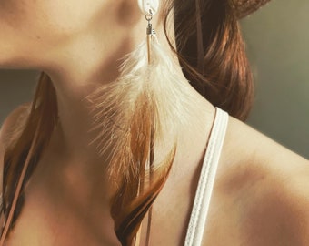 Handmade Boho Earrings - Western Cowgirl Inspired Earrings - Long Feather Earrings - Leather Earrings - Sterling Silver Earrings