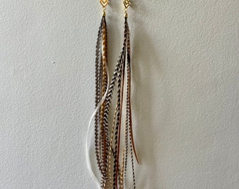 Handmade Boho Earrings Western Cowgirl Inspired Earrings Long Feather Earrings Picture Jasper 18ct Gold Plated Earrings