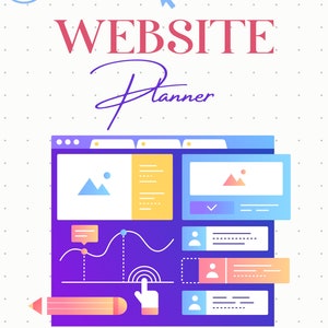 May include: A website planner illustration with a purple, blue, and yellow website design on a white background with a dotted pattern. The text "WEBSITE Planner" is in red and pink.