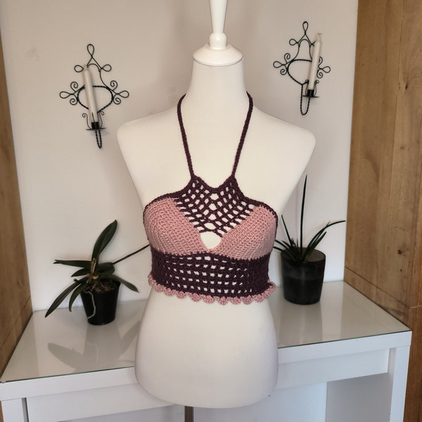 Sommertop, Crop-Top, Bikini-Top, Bh-Top, Baumwolle, rosa, lila, gehäkelt, gehäkeltes Top, gehäkeltes Oberteil