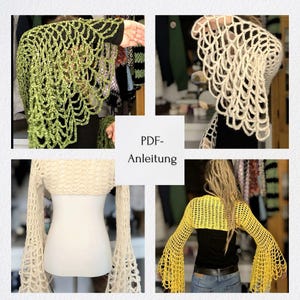 以下が含まれることがあります： クロシェボレロのパターンPDF説明書。パターンには、緑、白、黄色の3つの異なる色のバリエーションが含まれています。ボレロは、長いベルスリーブのクロップドスタイルです。