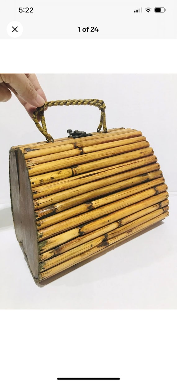 Vintage Wooden Bamboo Purse Hand Made Evening Hand