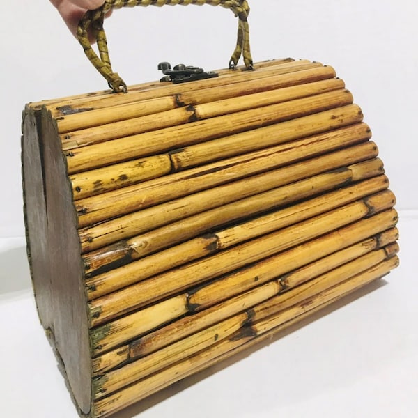 Vintage Wooden Bamboo Purse Hand Made Evening Handbag Brass Closure Woven Handle