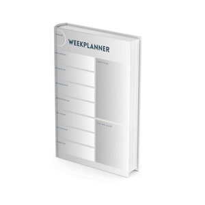 Op de afbeelding: Een witte weekplanner met een grijze kaft en de tekst "WEEKPLANNER" in blauw. De planner heeft secties voor elke dag van de week, met ruimte voor notities en een to-dolijst.
