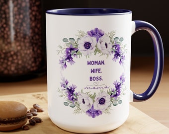 Mother's Day, Mom Birthday Gift,  Flower Mug, Violet Mug Mum,Two-Tone Coffee Mugs, 15oz