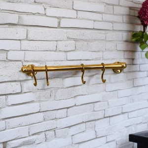 Vintage Kitchen Utensils, Brass Rail Decor Solid, Brass Pot Racks and Pan, Antique Brass Pot Racks, Brass Kitchen Rail With Hooks