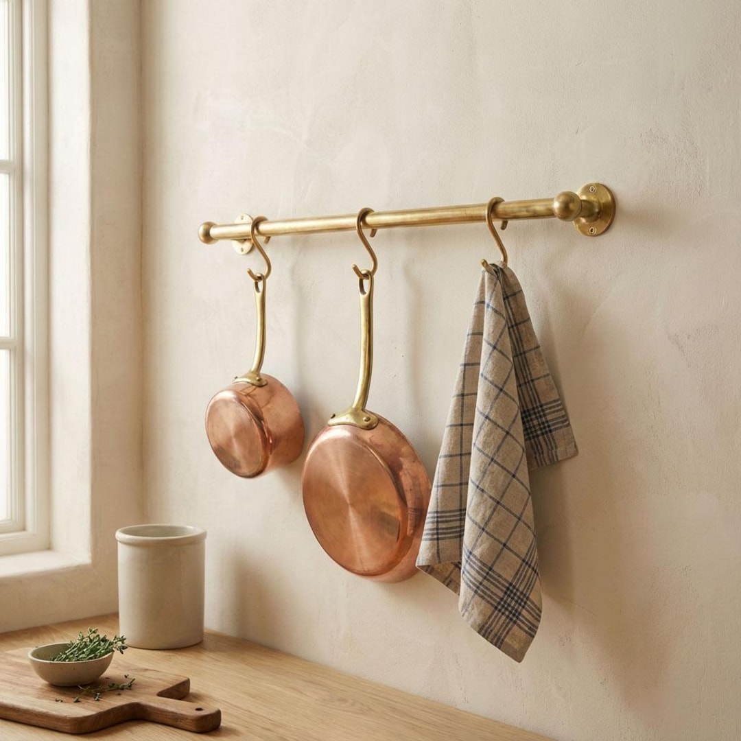 Antique Brass Kitchen Rail With S Hooks, Wall Mounted Utensil Bar