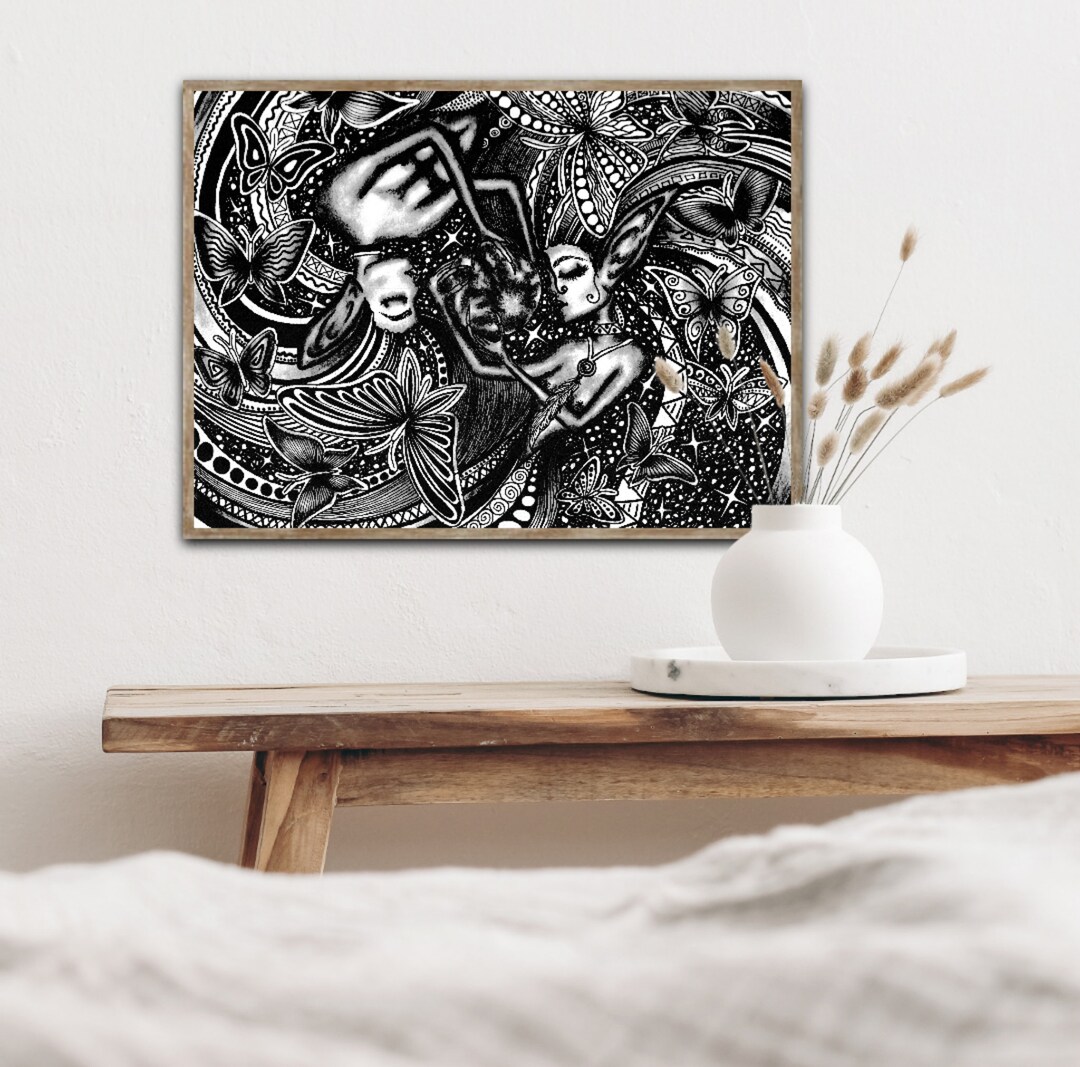 Fairies Black and White Charcoal Drawing Handmade Art - Etsy