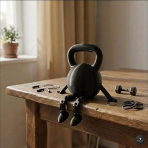Può includere: Una statuetta a forma di kettlebell nera con braccia e gambe articolate è seduta su una superficie in legno. La figura è accompagnata da una corda per saltare in miniatura, un piccolo manubrio e un pezzo di metallo decorativo sul tavolo.