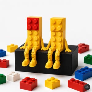 May include: Two yellow block-shaped figures with articulated arms and legs sit on a black rectangular base. One figure has a red top block, the other is entirely yellow. Scattered around are various colourful plastic building bricks in red, blue, green, white, and yellow.