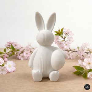 3D-utskriven påskhare med ägg | Vårinredning | Minimalistisk vit figurin som present