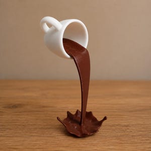Puede incluir: Una taza de café de cerámica blanca inclinada, con un chorro de líquido marrón sólido que sale del borde hacia una base circular de salpicadura marrón, creando una escultura que desafía la gravedad y parece suspendida en el aire.