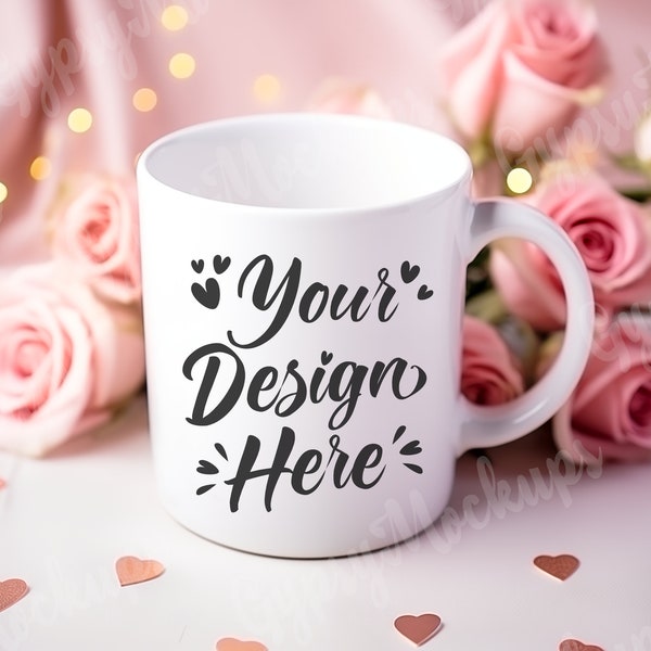 Valentines Day Mug Mockup, 11 oz Coffee Mug Mockup Roses, Heart Confetti Mug Mockup, Valentine's Day Love Mug Mock Up, JPG Digital Download