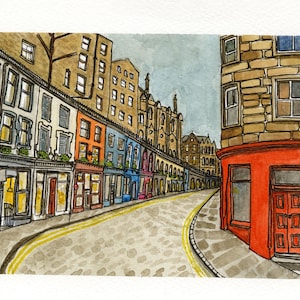 Watercolour & ink print of Victoria Street, Edinburgh, Scotland