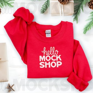 G18000 Mockup Flat Lay | Sweatshirt Mock Ups | G180 Mockup | Red Gildan 18000 Mockup | 18000 Christmas Mockup | Christmas Flatlay Mockup