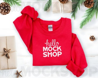 G18000 Mockup Flat Lay | Sweatshirt Mock Ups | G180 Mockup | Red Gildan 18000 Mockup | 18000 Christmas Mockup | Christmas Flatlay Mockup
