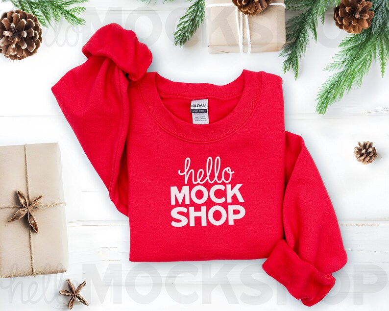G18000 Mockup Flat Lay | Sweatshirt Mock Ups | G180 Mockup | Red Gildan 18000 Mockup | 18000 Christmas Mockup | Christmas Flatlay Mockup