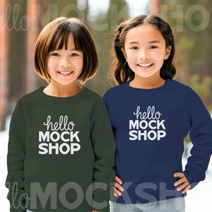 Gildan Kids Sweatshirt Mockup | 2 Kids Mockup | Navy Gildan Mockup | Forest Gildan Mockup | Sweatshirt Mock Ups | Youth Sweatshirt Mockup