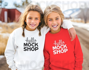 Youth Christmas Mockup | 18000b Gildan Mockup | 2 Kids Mockup | Sweatshirts Mock Ups | Red Sweater Mockup | Mockup Kids Sweatshirt