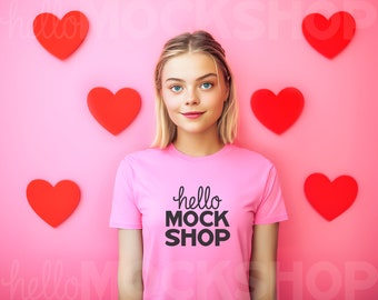 Charity Pink 3001 Mockup | Valentines Day Tshirt Mockup | Charity Pink Mockup | Valentines Shirt Mockup | Bella Canvas 3001 Charity Pink
