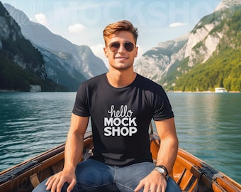 Zwart Bella Canvas 3001 Mockup | T-shirtmodel | Modelmodel | Nature Mockup T-shirt voor heren | Mannelijke tshirt Mock Up | Buitenmodel