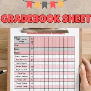 Puede incluir: Un portapapeles con una hoja de registro de notas rosa y blanca. La hoja está etiquetada como "GRADEBOOK SHEET" e incluye secciones para la clase, el título, la fecha y los nombres de los estudiantes con las calificaciones de los cuestionarios. Un lápiz es visible a la izquierda.