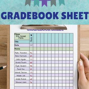 Może przedstawiać: Klip z arkuszem ocen dla matematyki w 4 klasie. Arkusz zawiera sekcje dla klasy, tytułu, daty i nazwisk uczniów z wynikami quizów. Tytuł "GRADEBOOK SHEET" znajduje się na górze.