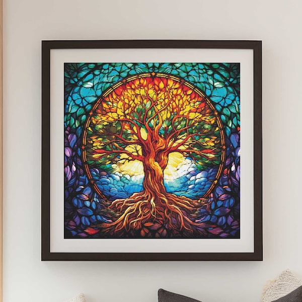 Deux vitraux arbre de vie, point de croix, téléchargement PDF instantané, motif coloré