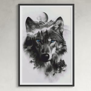 May include: A black and white illustration of a wolf's head with blue eyes. The wolf is surrounded by a misty forest and a crescent moon.