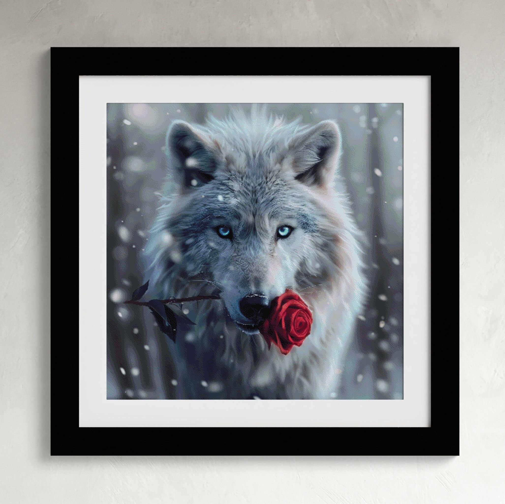 Stunning White Wolf With Blue Eyes and Red Rose Digital Counted Cross ...